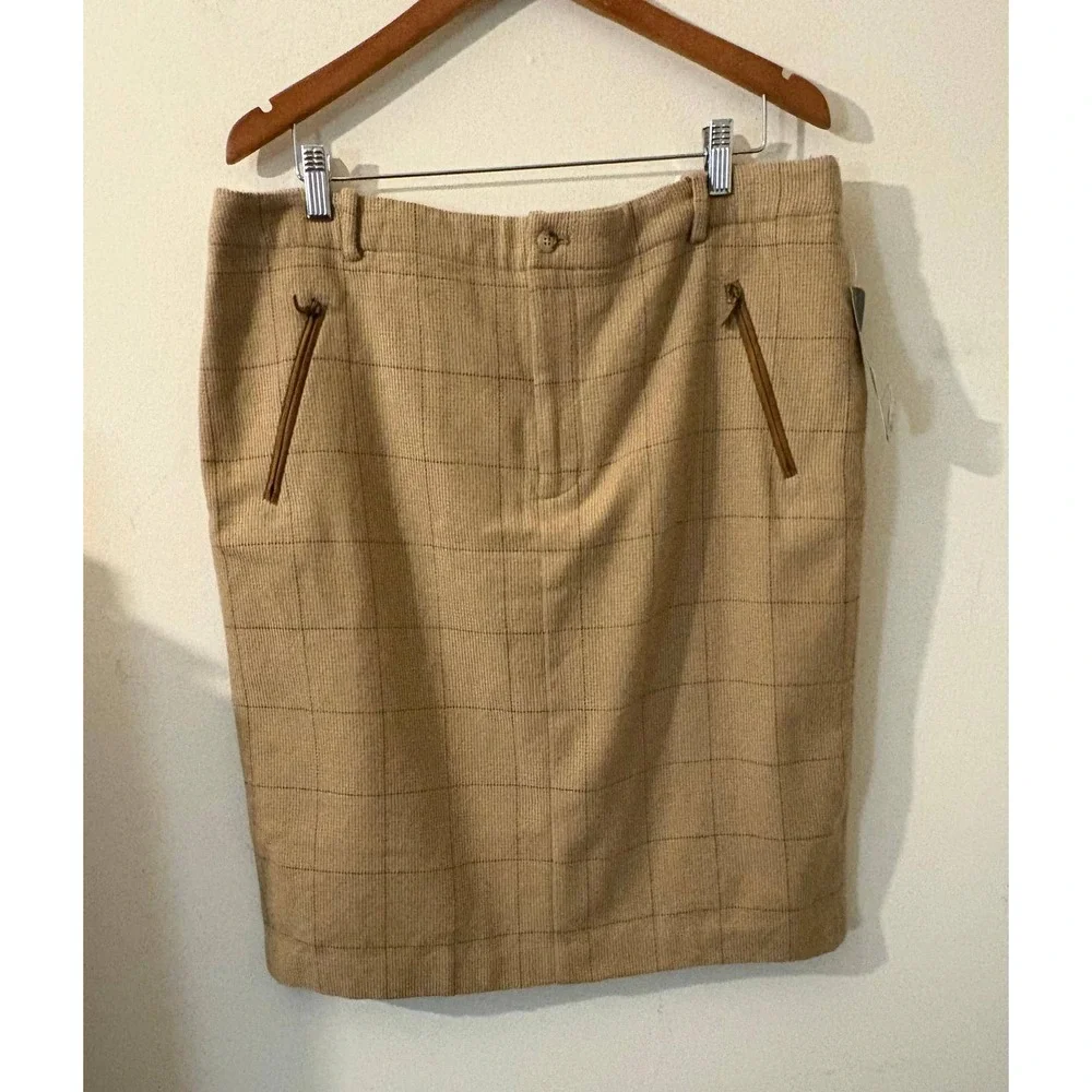 Lauren Ralph Lauren Tan Wool‎ Plaid Pencil Skirt Suede Trim Sz 16 NWT $189